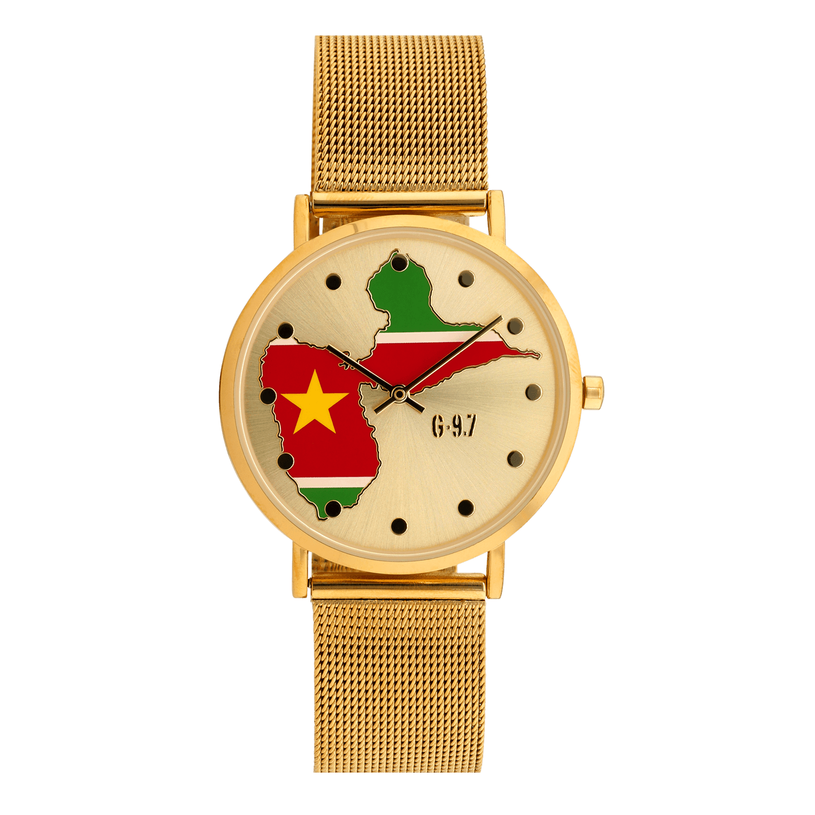 montre homme g97 carte drapeau guadeloupe cadran doré 36.6mm brac mesh 17.5mm 3atm