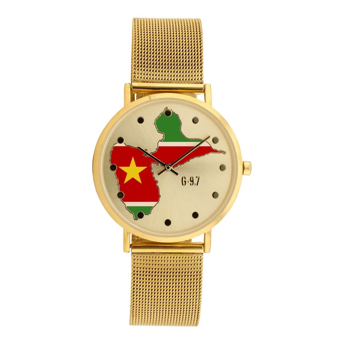 montre homme g97 carte drapeau guadeloupe cadran doré 36.6mm brac mesh 17.5mm 3atm