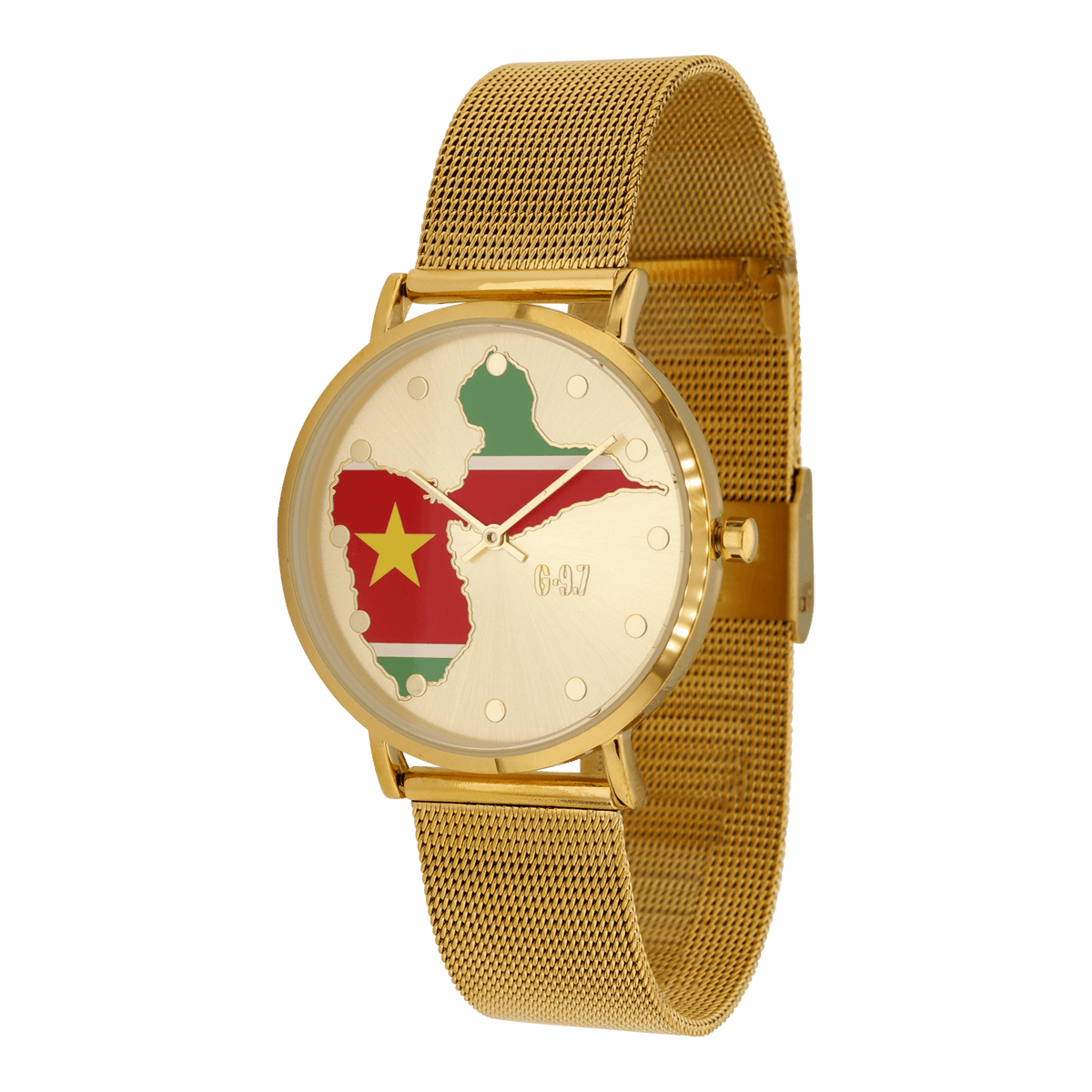 montre homme g97 carte drapeau guadeloupe cadran doré 36.6mm brac mesh 17.5mm 3atm