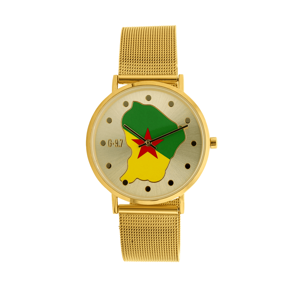 Montre Homme G97 Carte Drapeau Guyane Cadran Doré 36.6mm Brac Mesh Doré 17.5mm 3ATM