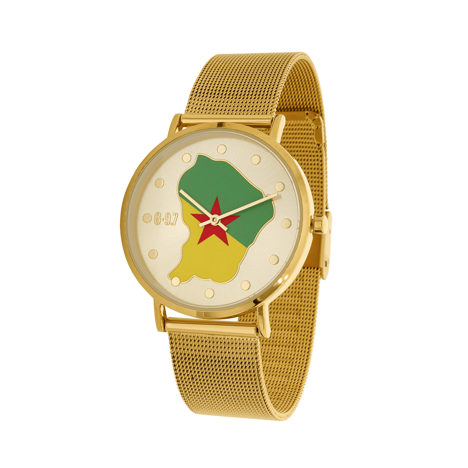 montre homme g97 carte drapeau guyane cadran doré 36.6mm brac mesh 17.5mm 3atm