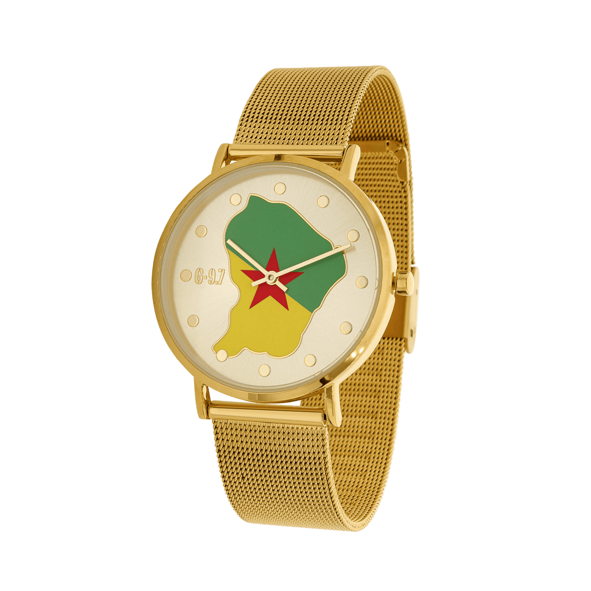 Montre Homme G97 Carte Drapeau Guyane Cadran Doré 36.6mm Brac Mesh Doré 17.5mm 3ATM