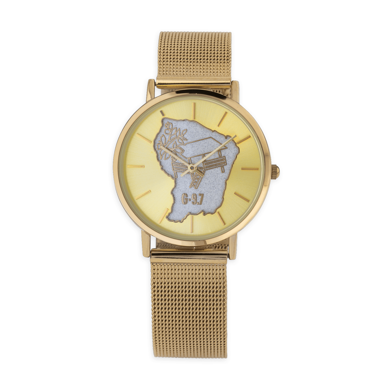 montre homme g97 cadran doré carte guyane argenté carbet doré bracelet mesh 3atm