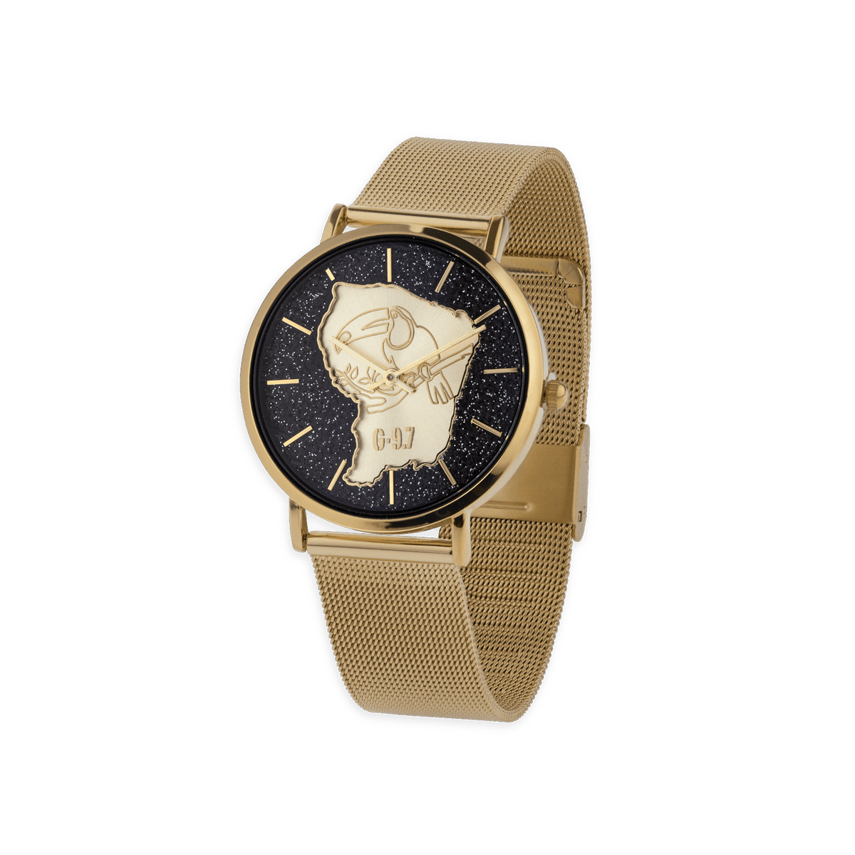 Montre Homme G97 36mm Cadran Doré Noir Carte Guyane Toucan Doré Brac Mesh Doré 17.5mm 3atm