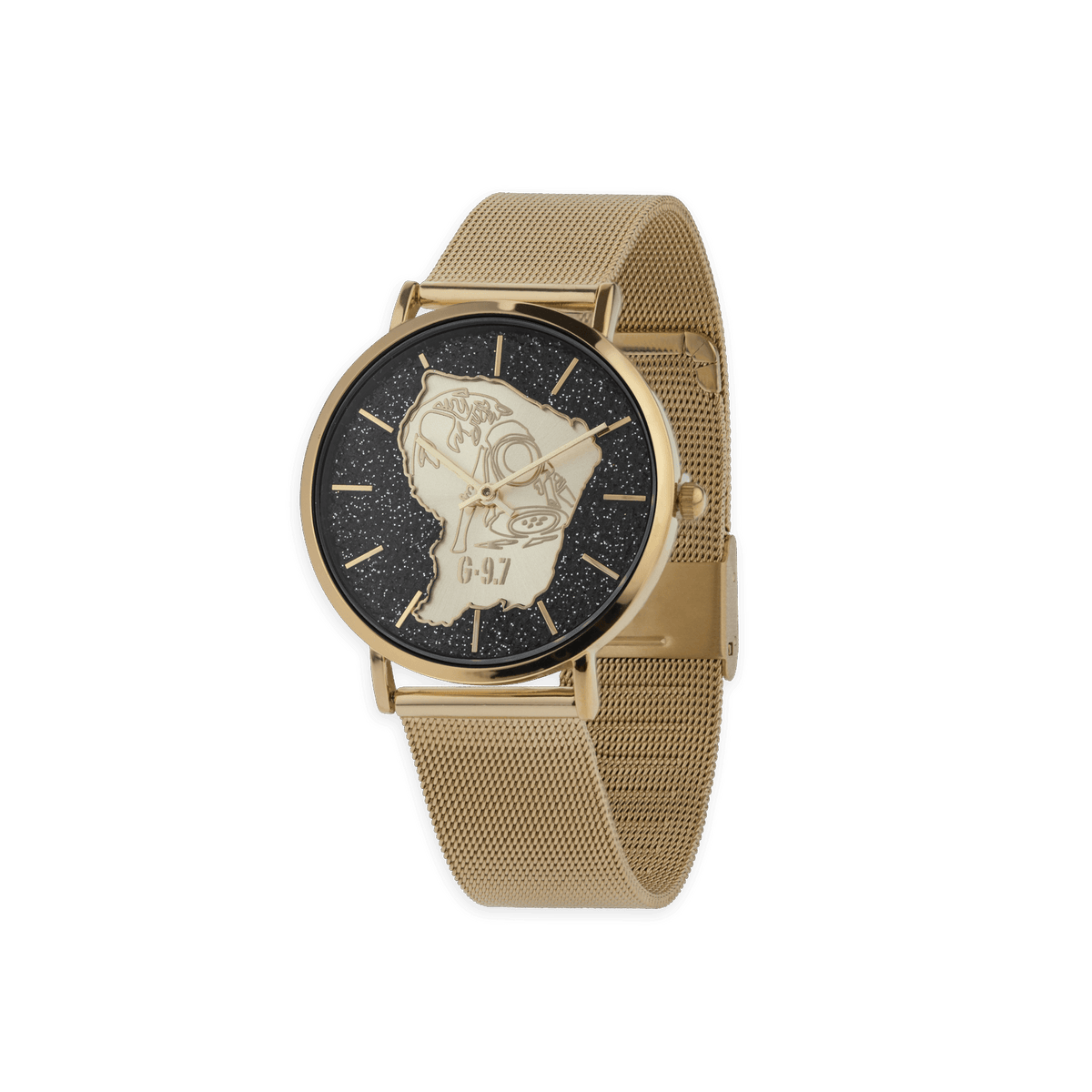 Montre Homme G97 36mm Cadran Doré Carte Guyane Orpailleur Doré Brac Mesh Doré 17.5mm 3atm