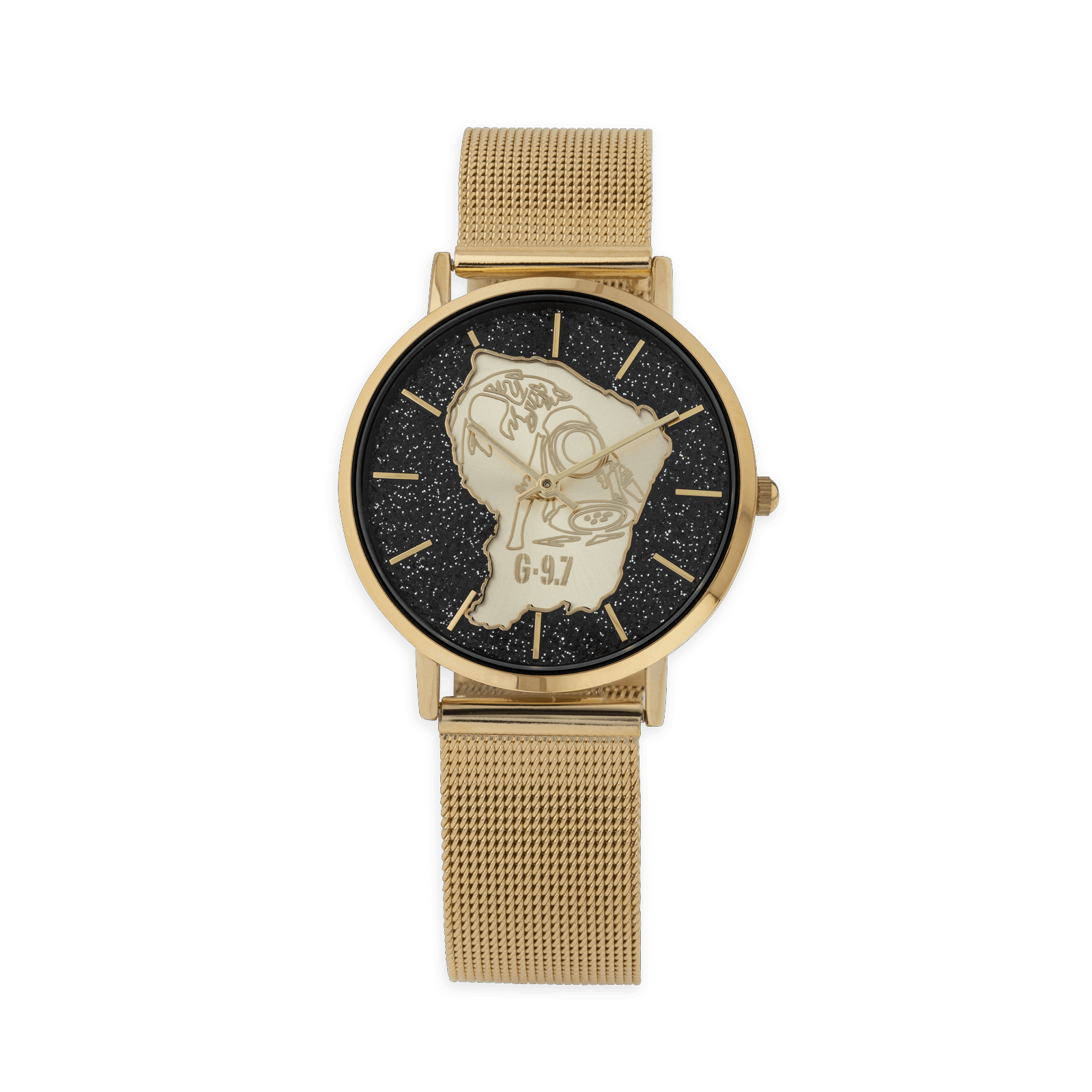 montre homme G97 cadran doré carte guyane orpailleur doré bracelet mesh