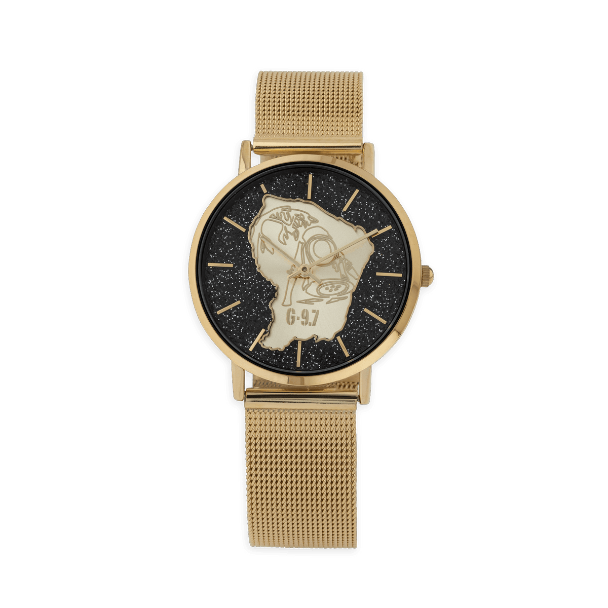 Montre Homme G97 36mm Cadran Doré Carte Guyane Orpailleur Doré Brac Mesh Doré 17.5mm 3atm