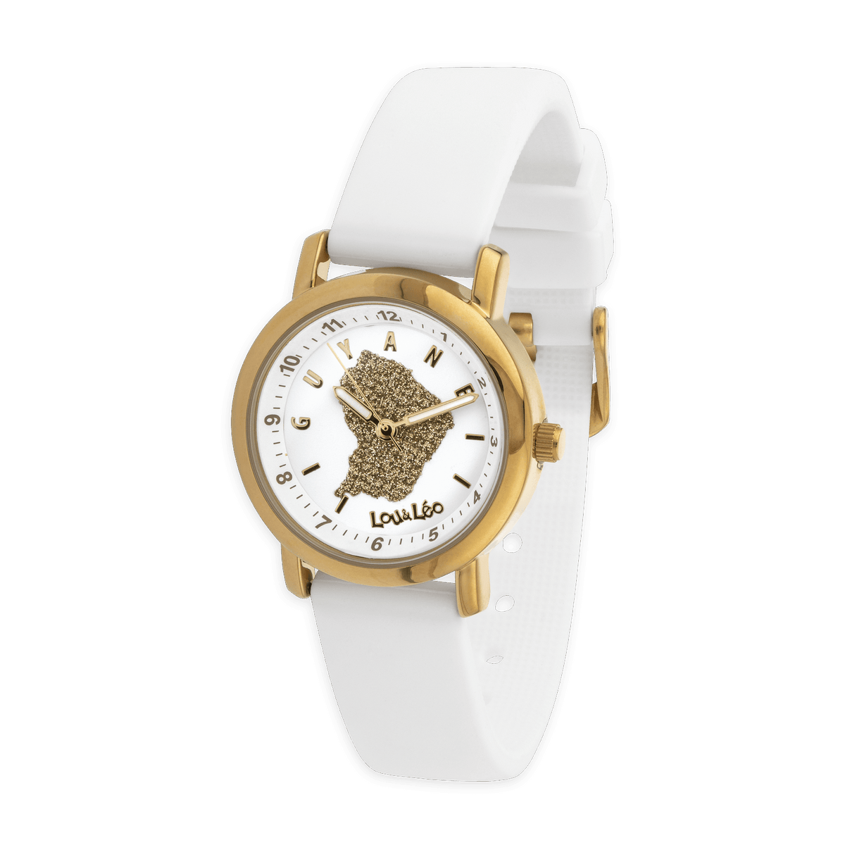 Montre Enfant Carte Guyane Doré Cadran Blanc 28mm Brac Caoutchouc Blanc 3 Atm