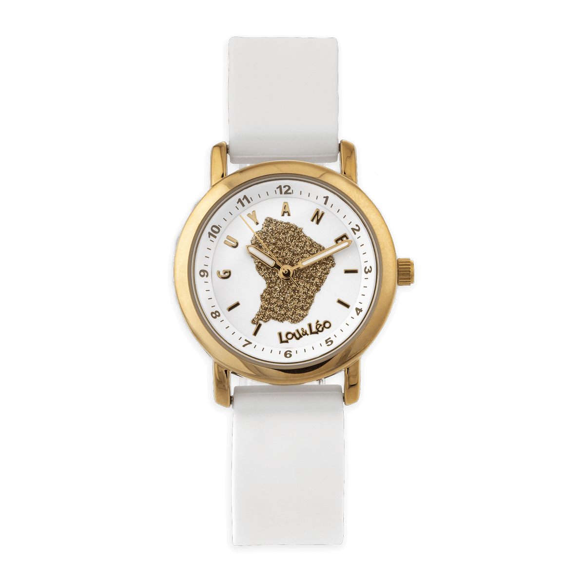 Montre Enfant Carte Guyane Doré Cadran Blanc 28mm Brac Caoutchouc Blanc 3 Atm