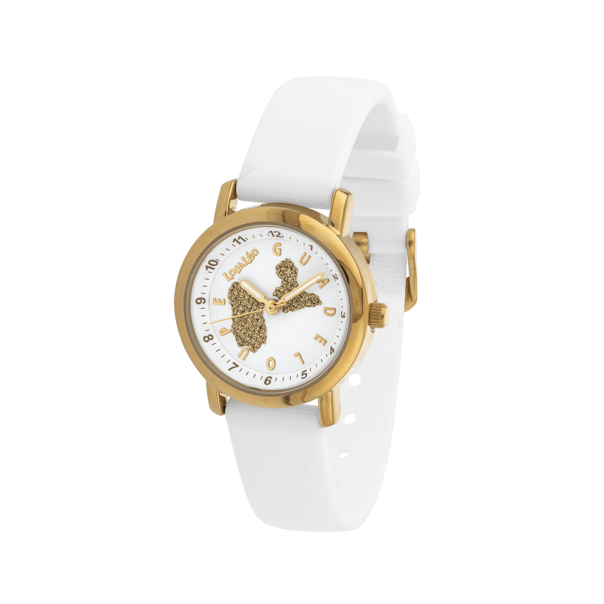 Montre Enfant Carte Guadeloupe Doré Cadran Blanc 28mm Brac Caoutchouc Blanc 3 Atm