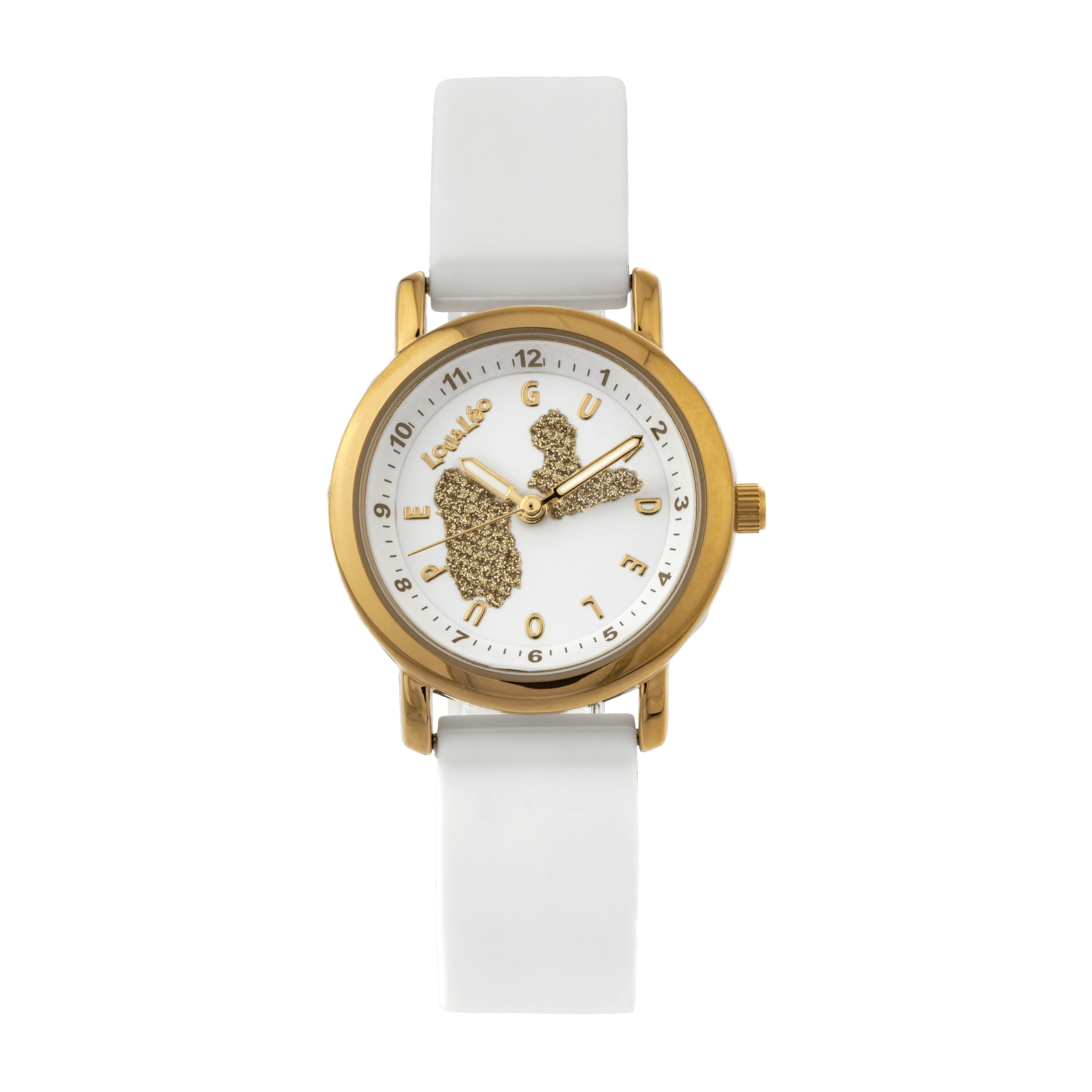 Montre Enfant Carte Guadeloupe Doré Cadran Blanc Bracelet Caoutchouc Blanc 3Atm