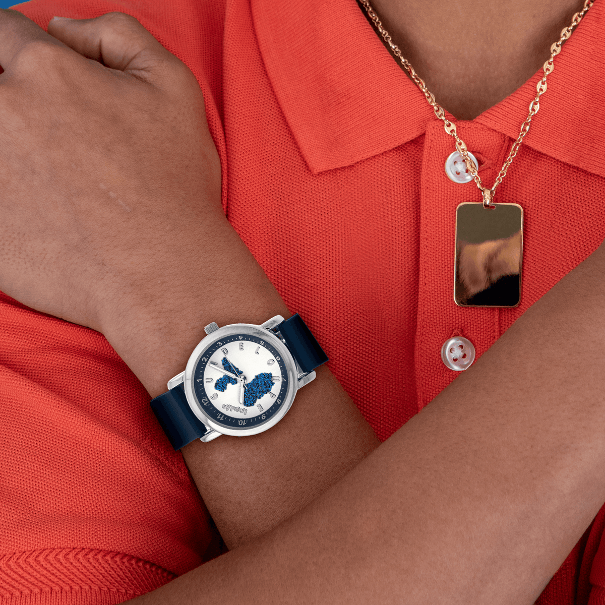 Montre Enfant Carte Guadeloupe Bleu Cadran Blanc 28mm Brac Caoutchouc Bleu 3 Atm