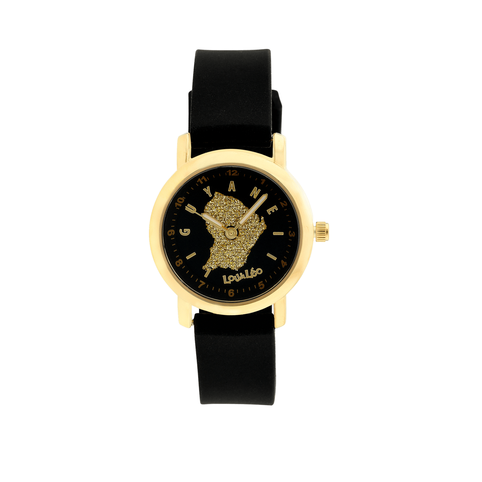 MONTRE ENFANT LOU&LEO BRACELET SILICONE NOIR BOITE IPG CADRAN NOIR GUYANE GLITTER DORE 3ATM