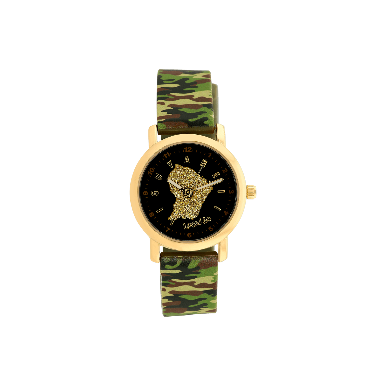 MONTRE ENFANT LOU&LEO BRACELET SILICONE MILITAIRE BOITE IPG CADRAN NOIR GUYANE GLITTER DORE 3ATM