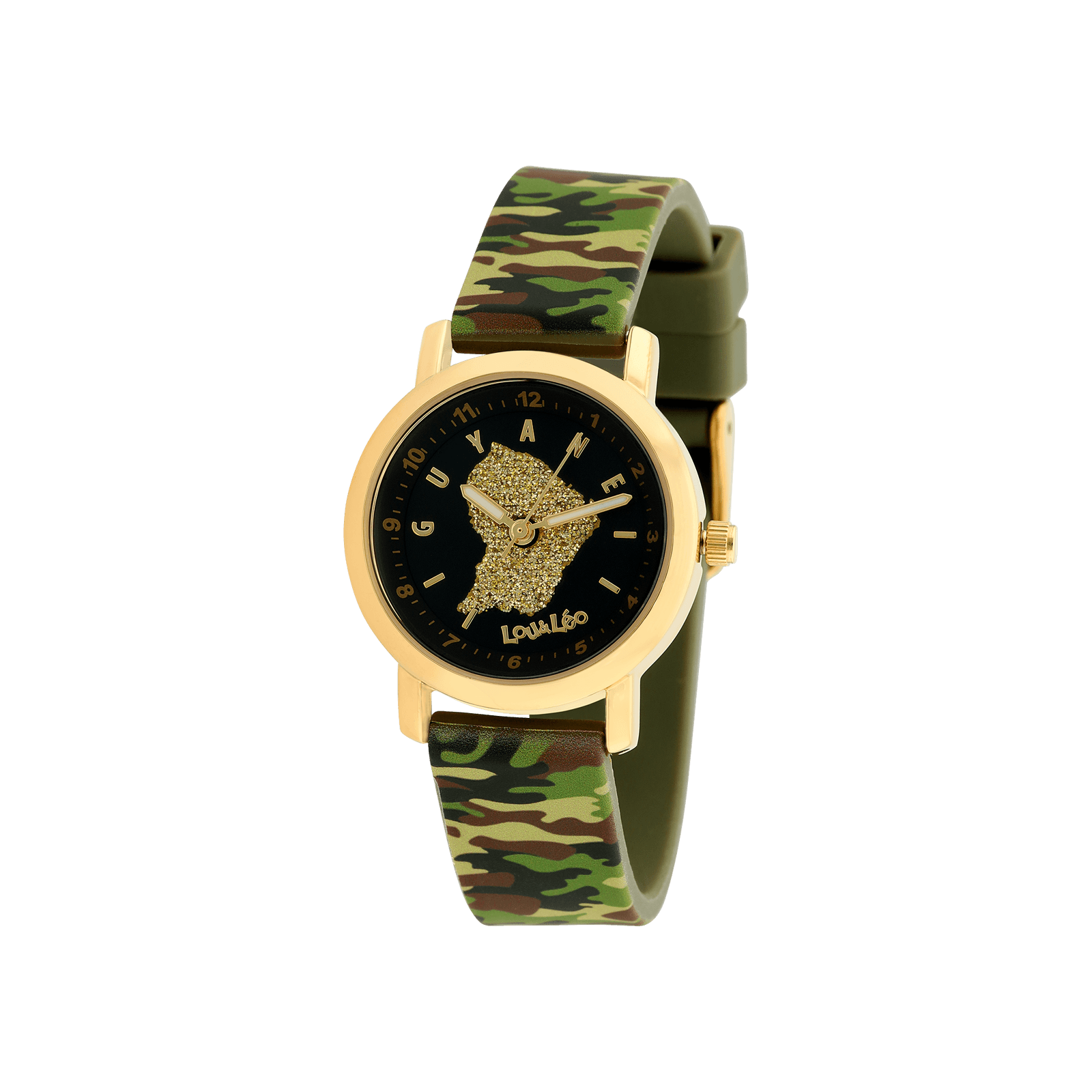 MONTRE ENFANT LOU&LEO BRACELET SILICONE MILITAIRE BOITE IPG CADRAN NOIR GUYANE GLITTER DORE 3ATM