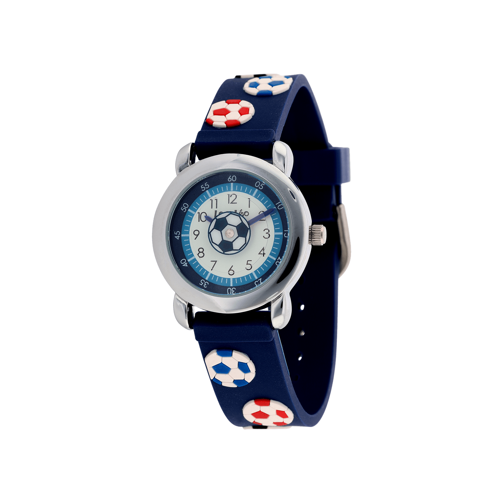 Montre Lou & Leo boîte ips bracelet plastique bleu et ballons foot 3 atmosphères