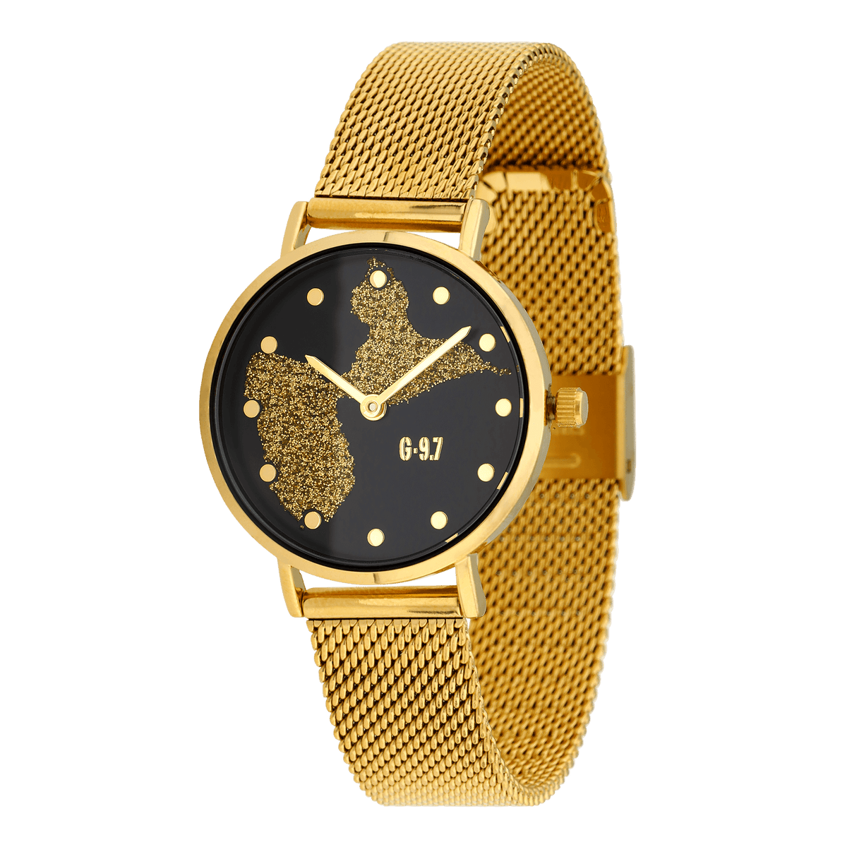 Montre Femme G97 Carte Guadeloupe Dorée Cadran Noir 30mm Brac Mesh Doré 14mm 3ATM