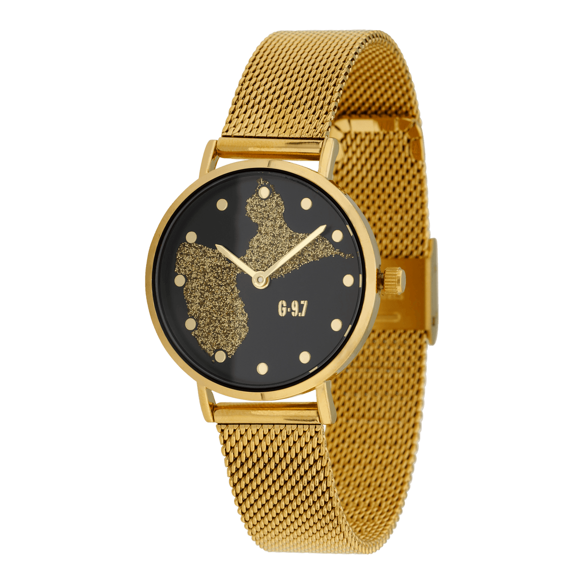 Montre Femme G97 Carte Guadeloupe Dorée Cadran Noir 30mm Brac Mesh Doré 14mm 3ATM
