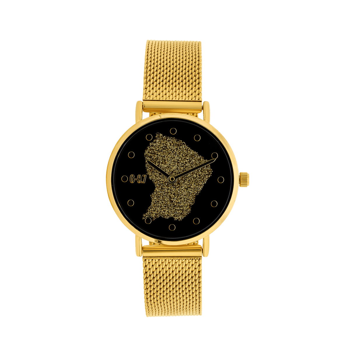 Montre Femme G97 Carte Guyane Dorée Cadran Noir 30mm Brac Mesh Doré 14mm 3ATM