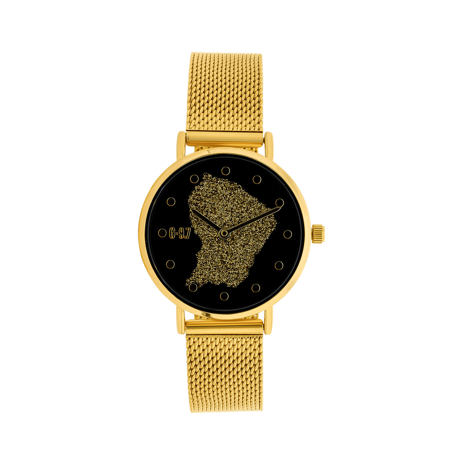 Montre Femme G97 Carte Guyane Dorée Cadran Noir 30mm Brac Mesh Doré 14mm 3ATM