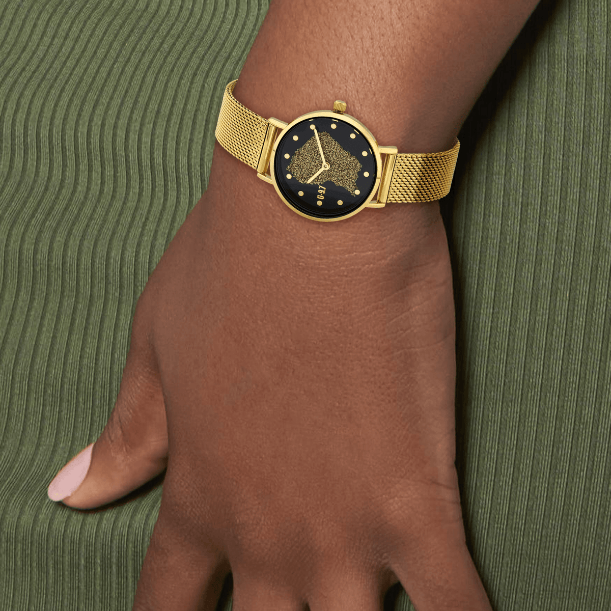 Montre Femme G97 Carte Guyane Dorée Cadran Noir 30mm Brac Mesh Doré 14mm 3ATM