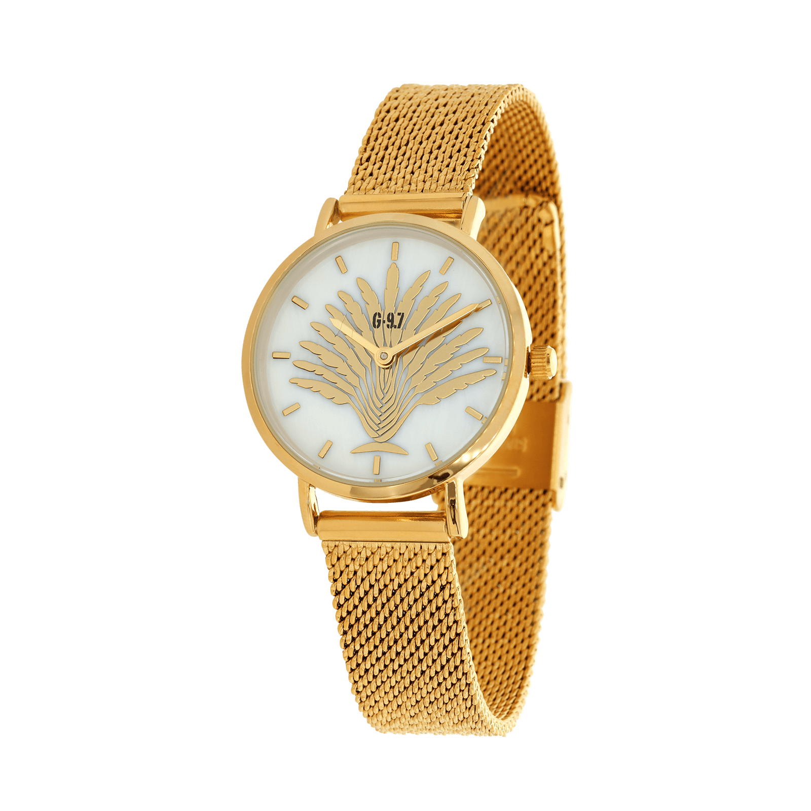 Montre Femme G97 30mm Cadran Nacre Arbre Du Voyageur Bracelet Mesh Doré 14mm 3ATM