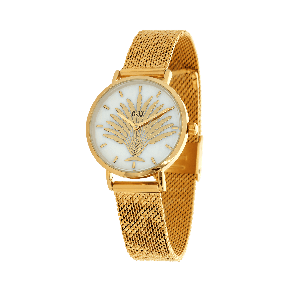 Montre Femme G97 30mm Cadran Nacre Arbre Du Voyageur Bracelet Mesh Doré 14mm 3ATM