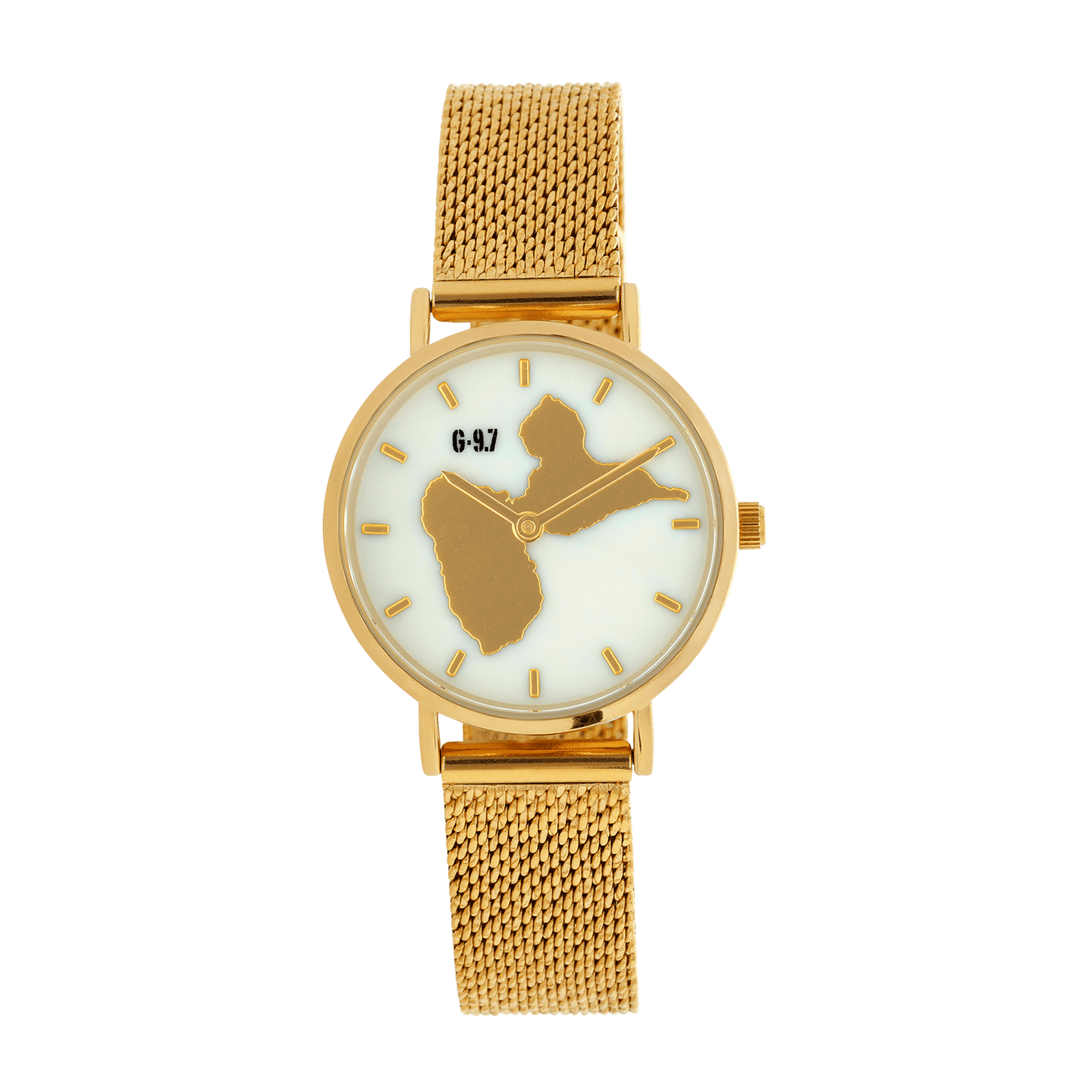 Montre Femme G97 30mm Cadran Nacre Carte Guadeloupe Braelet Mesh Doré 14mm 3ATM