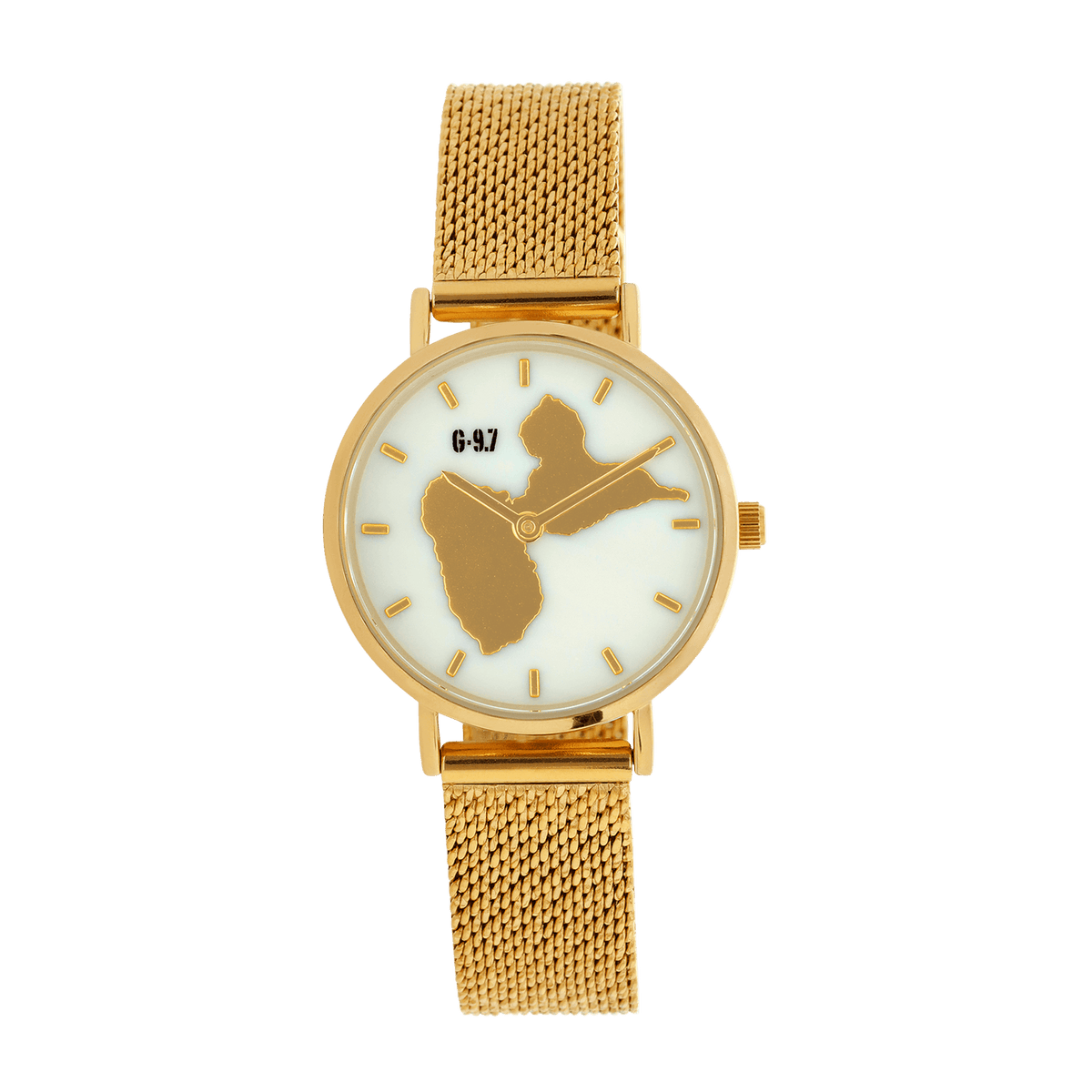 Montre Femme G97 30mm Cadran Nacre Carte Guadeloupe Braelet Mesh Doré 14mm 3ATM