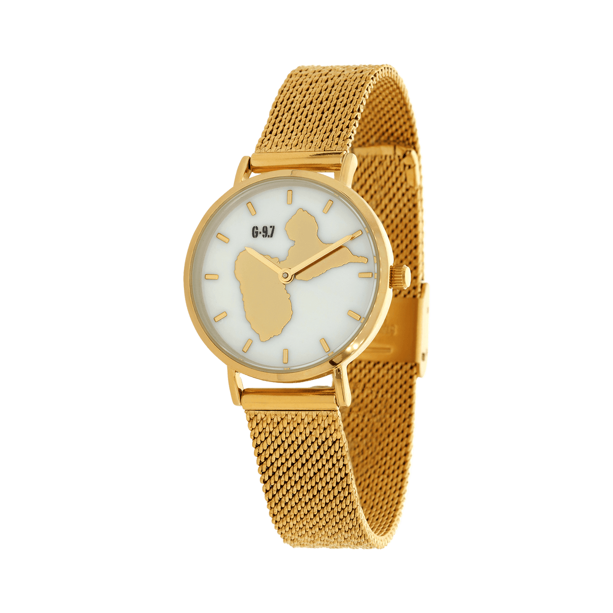 Montre Femme G97 30mm Cadran Nacre Carte Guadeloupe Braelet Mesh Doré 14mm 3ATM