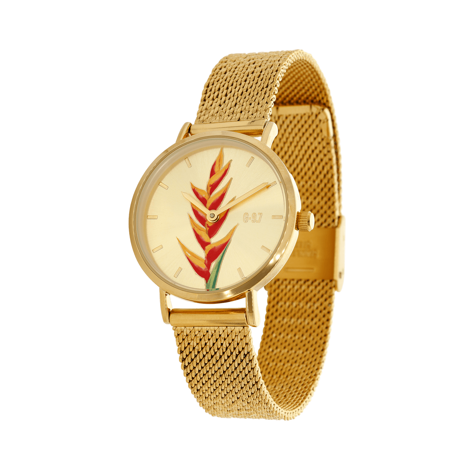 montre femme g97 30mm cadran doré balisier bracelet mesh 14mm 3atm