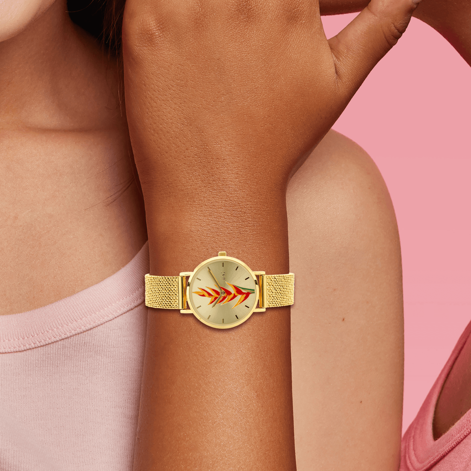 montre femme g97 30mm cadran doré balisier bracelet mesh 14mm 3atm