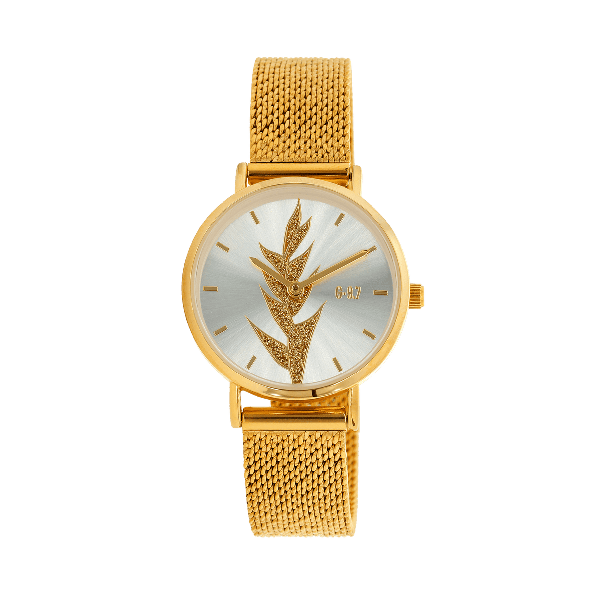 Montre Femme G97 30mm Cadran Argenté Balisier Bracelet Mesh Doré 14mm 3ATM