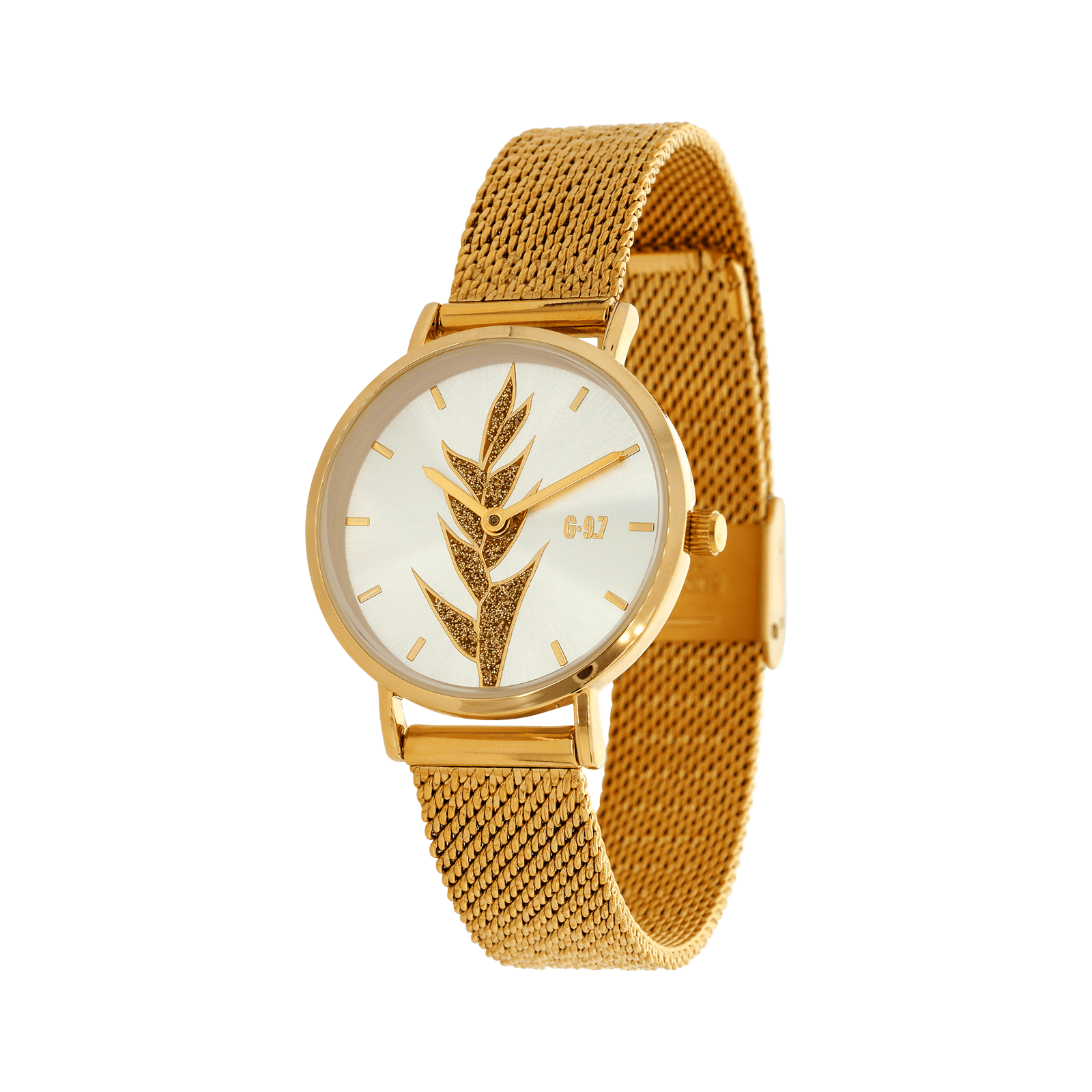 Montre Femme G97 30mm Cadran Argenté Balisier Bracelet Mesh Doré 14mm 3ATM