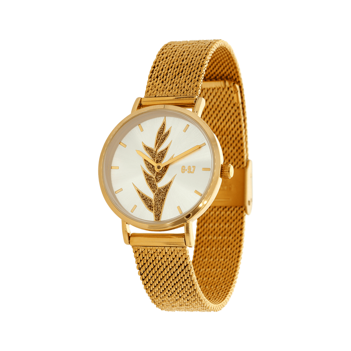 Montre Femme G97 30mm Cadran Argenté Balisier Bracelet Mesh Doré 14mm 3ATM