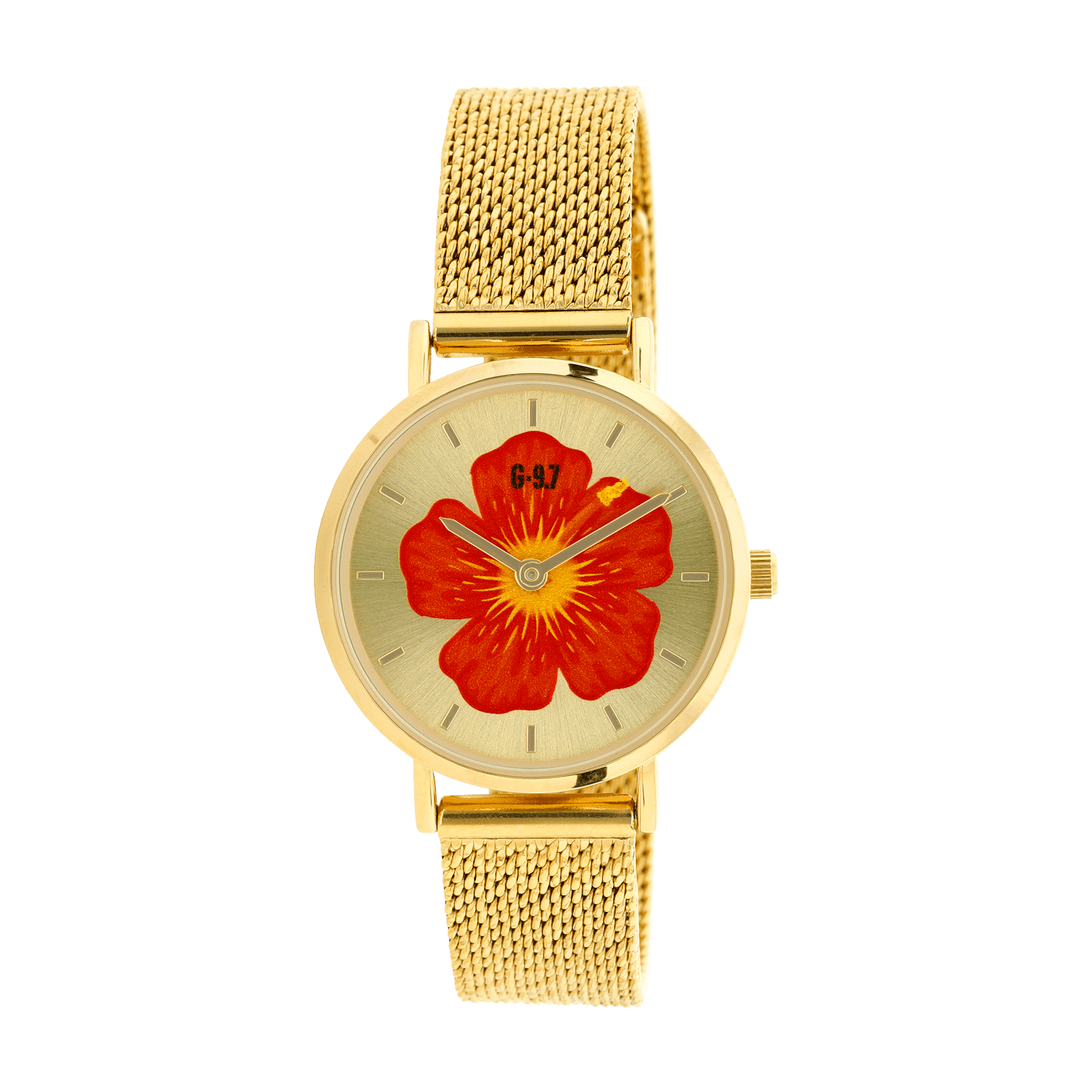 montre femme g97 30mm cadran doré hibiscus bracelet mesh 14mm 3atm