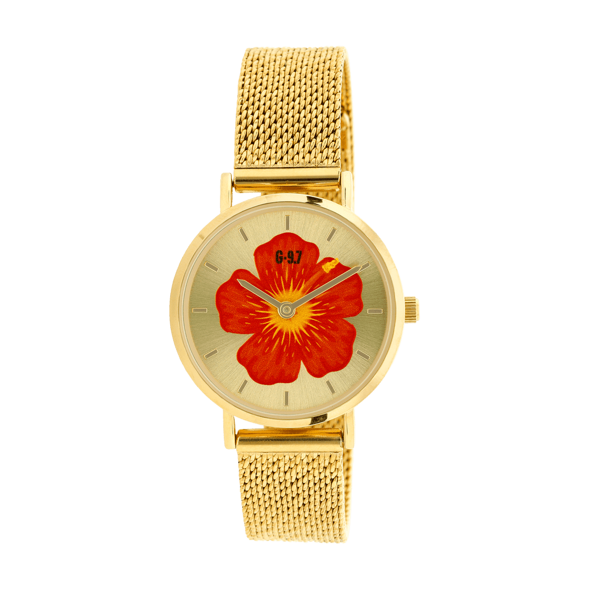 montre femme g97 30mm cadran doré hibiscus bracelet mesh 14mm 3atm