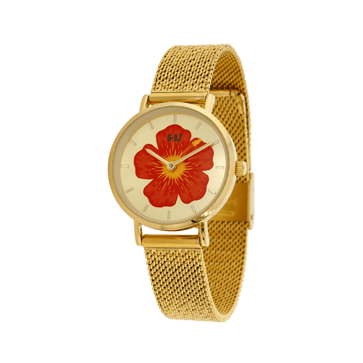 montre femme g97 30mm cadran doré hibiscus bracelet mesh 14mm 3atm