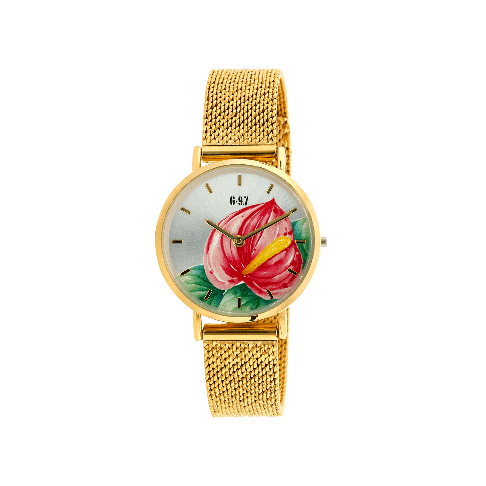 Montre Femme G97 30mm Cadran Argenté Anthurium Bracelet Mesh Doré 14mm 3ATM