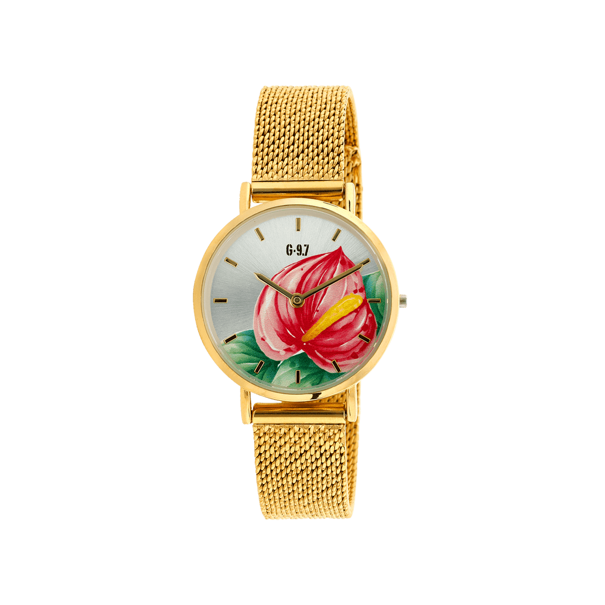 Montre Femme G97 30mm Cadran Argenté Anthurium Bracelet Mesh Doré 14mm 3ATM