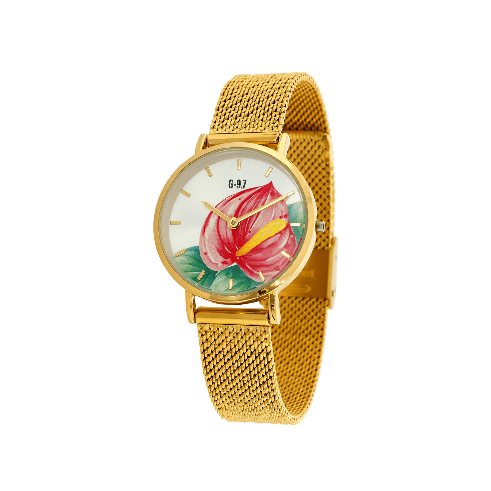 Montre Femme G97 30mm Cadran Argenté Anthurium Bracelet Mesh Doré 14mm 3ATM