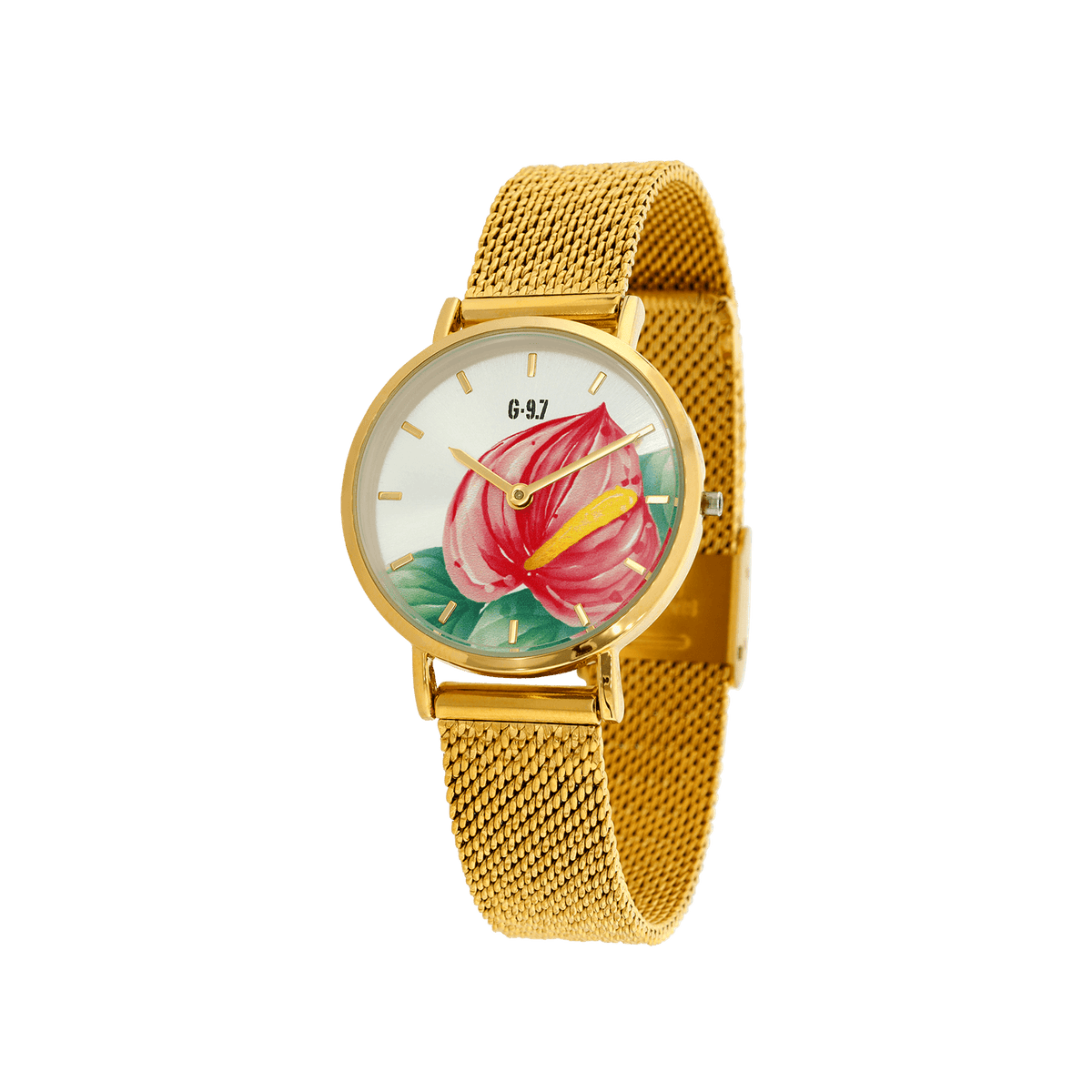 Montre Femme G97 30mm Cadran Argenté Anthurium Bracelet Mesh Doré 14mm 3ATM