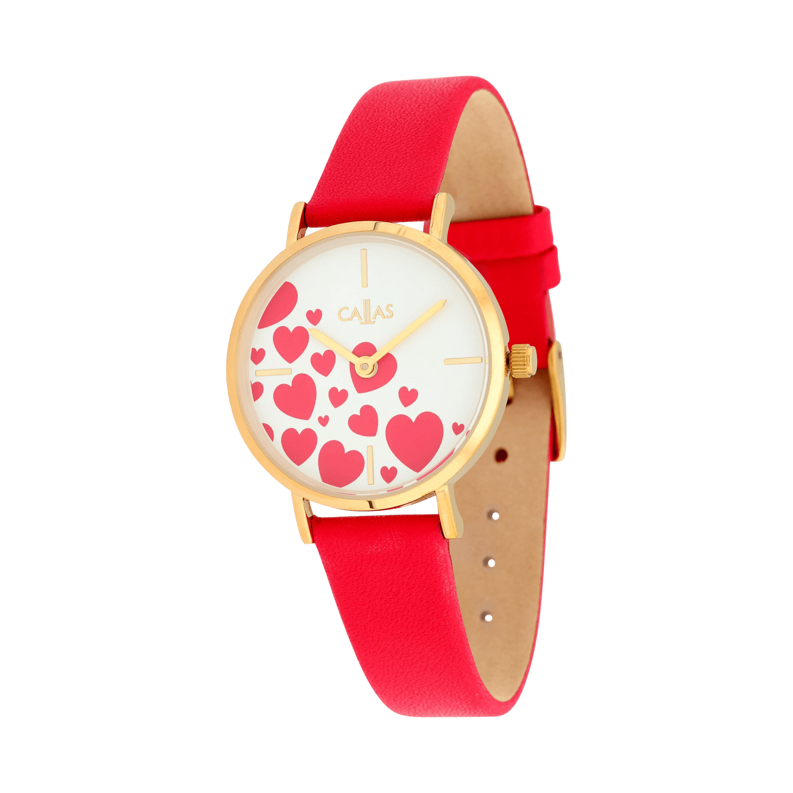 set montre callas 30 mm bracelet cuir rouge cadran blanc et coeurs rouges