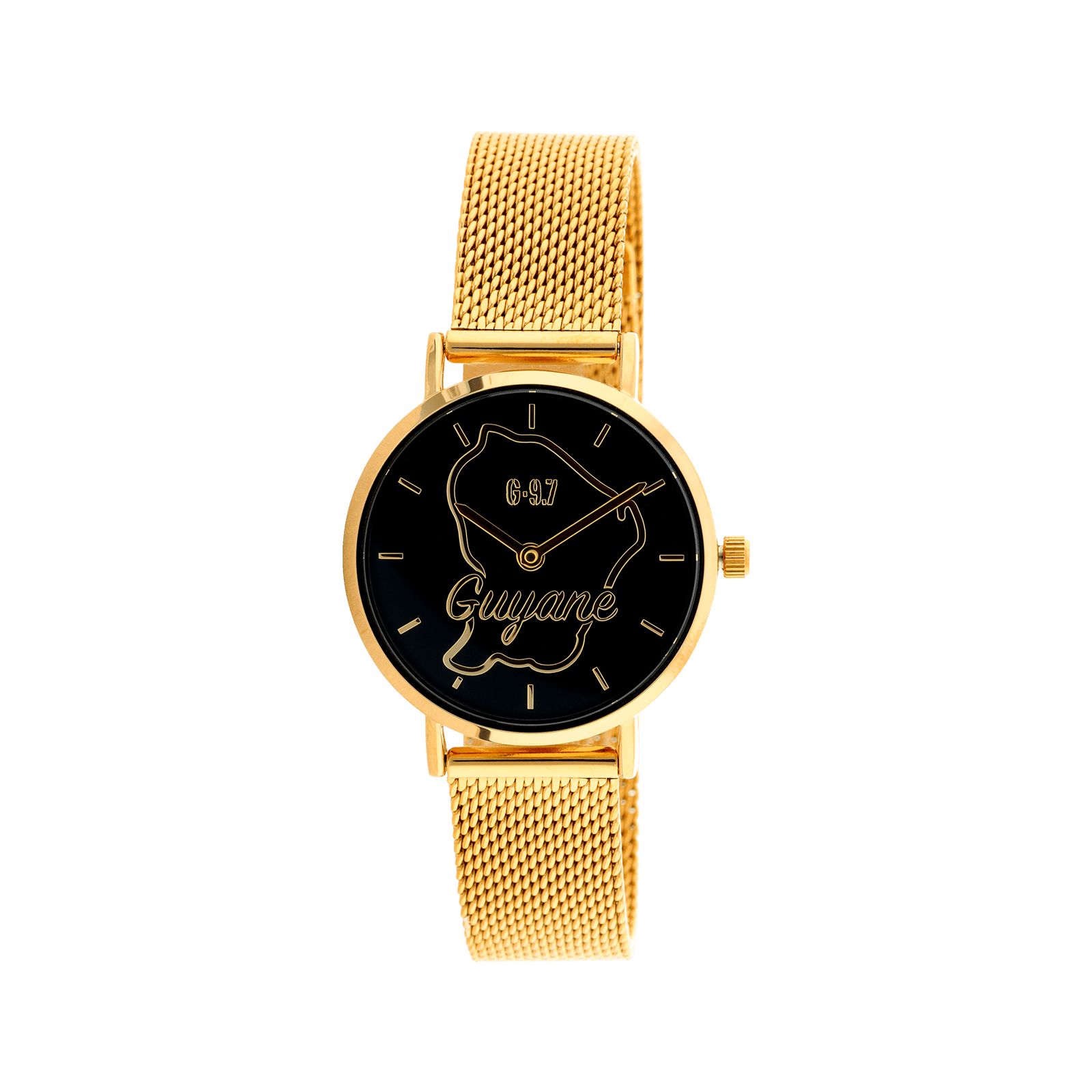 montre homme g97 bracelet maille milanaise acier doré cadran noir carte guyane détouree 3 atm
