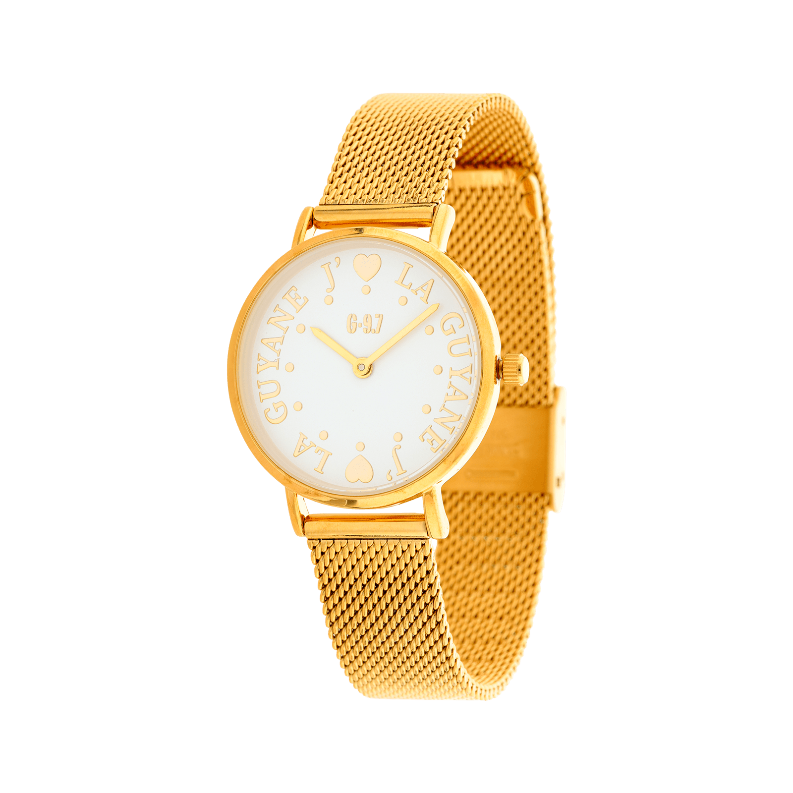 montre homme g97 bracelet maille milanaise acier doré cadran blanc coeur la guyane 3 atm