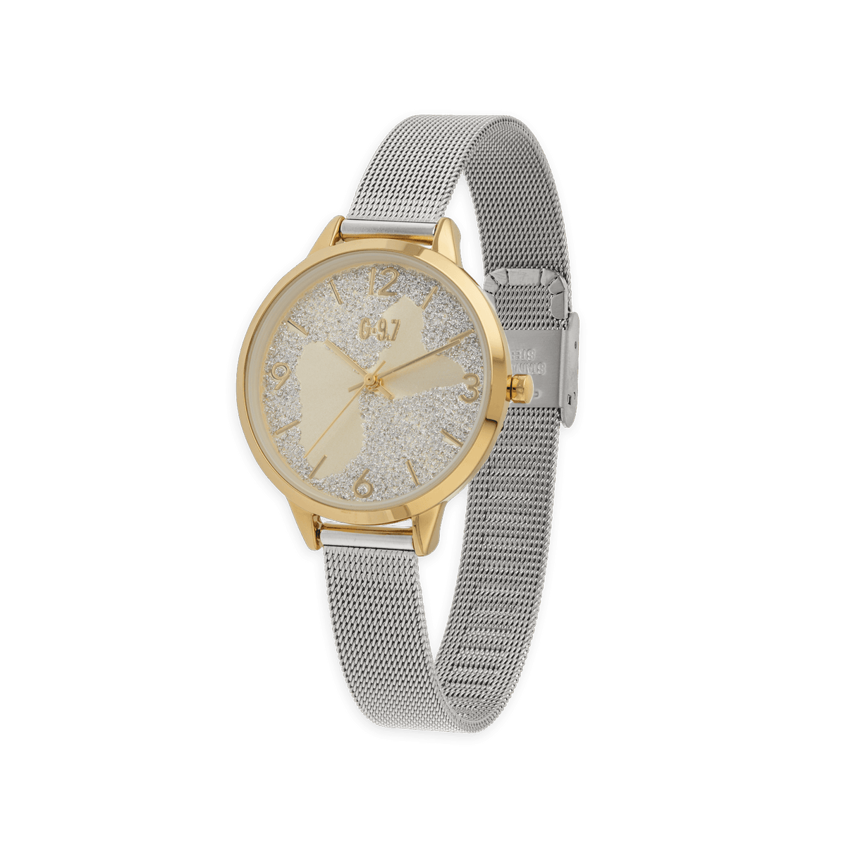 Montre Femme G97 34mm Cad Doré Arg Carte Guadeloupe Doré Brac Mesh 12mm Argenté 3atm