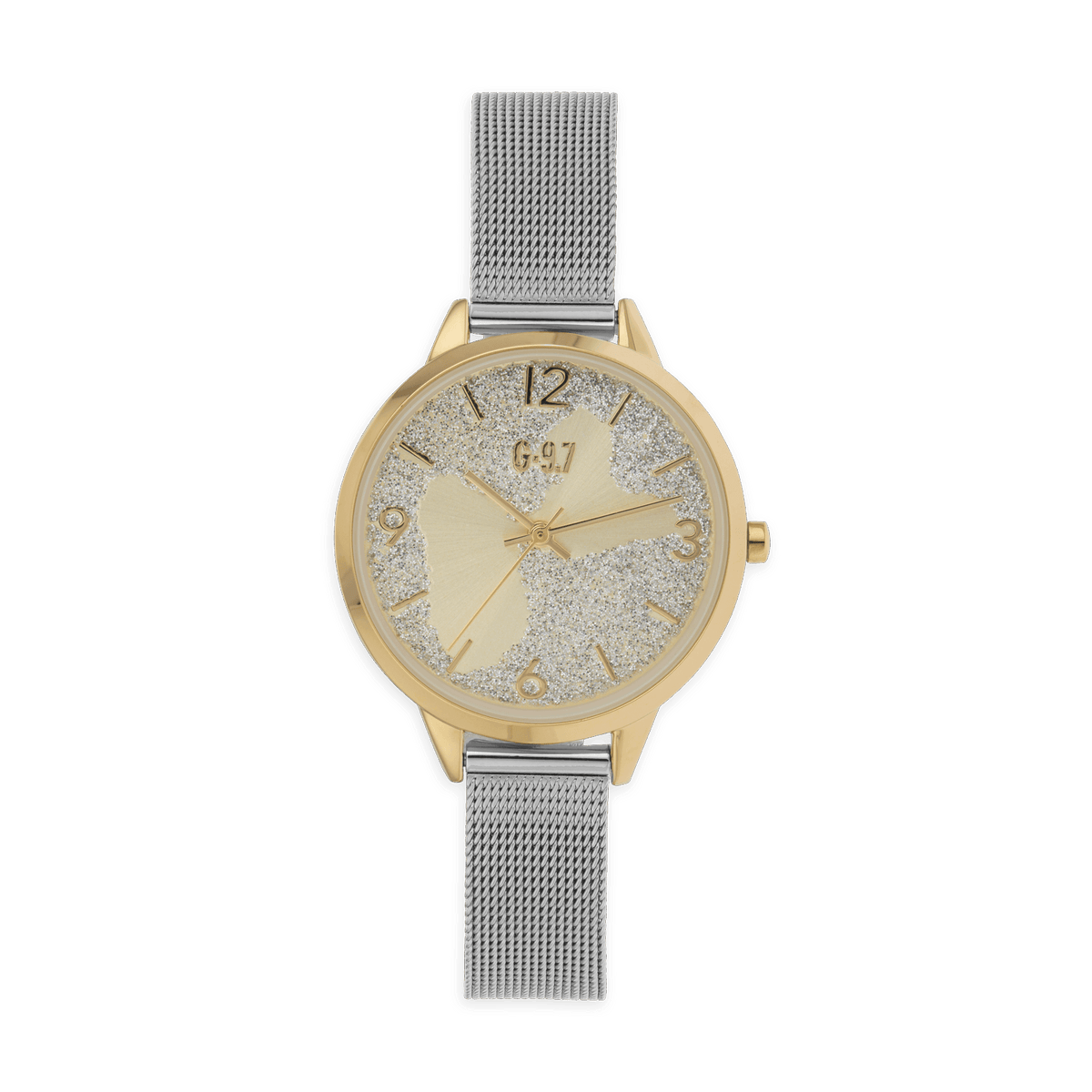 Montre Femme G97 34mm Cad Doré Arg Carte Guadeloupe Doré Brac Mesh 12mm Argenté 3atm