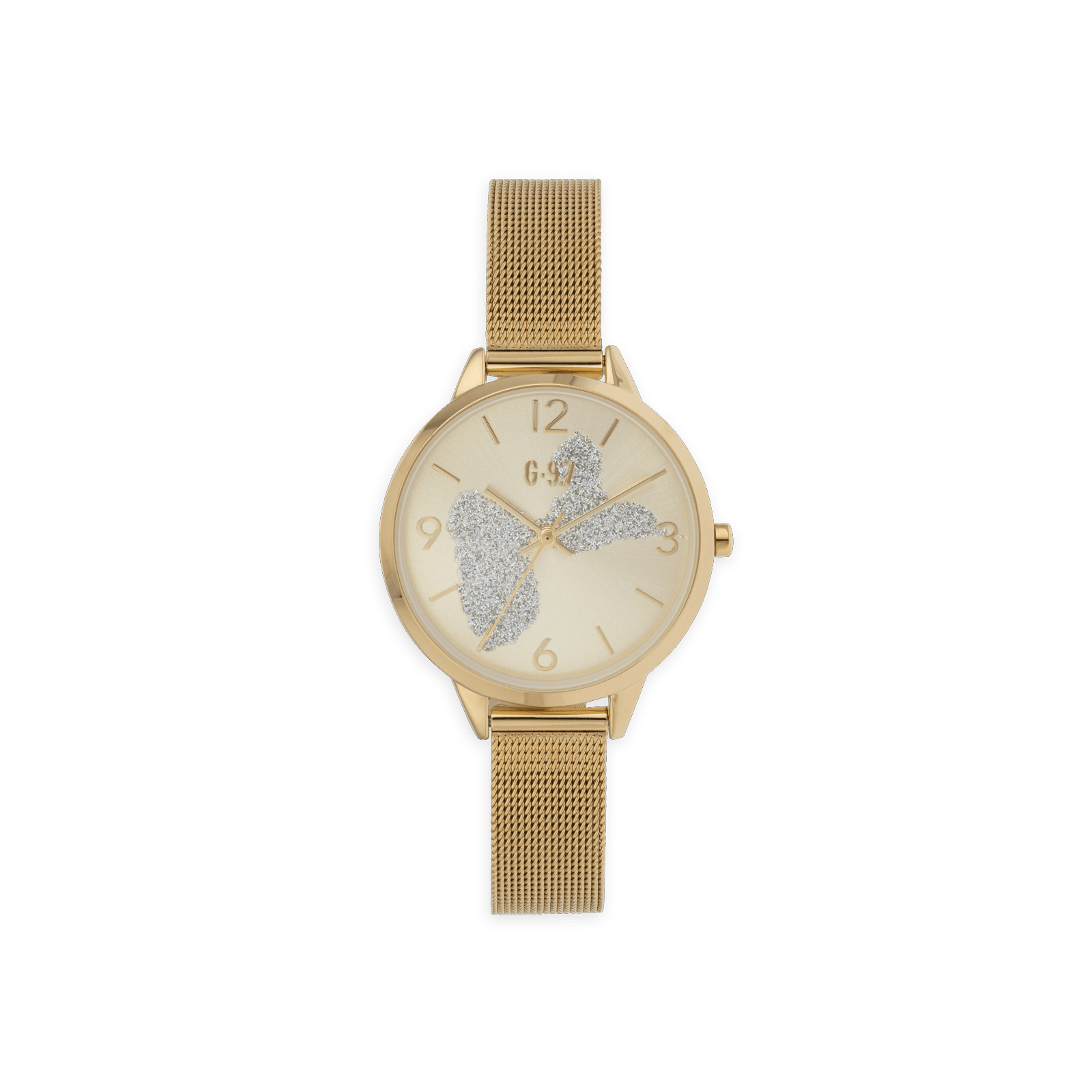 montre femme g97 cadran doré carte guadeloupe argenté bracelet mesh 3atm