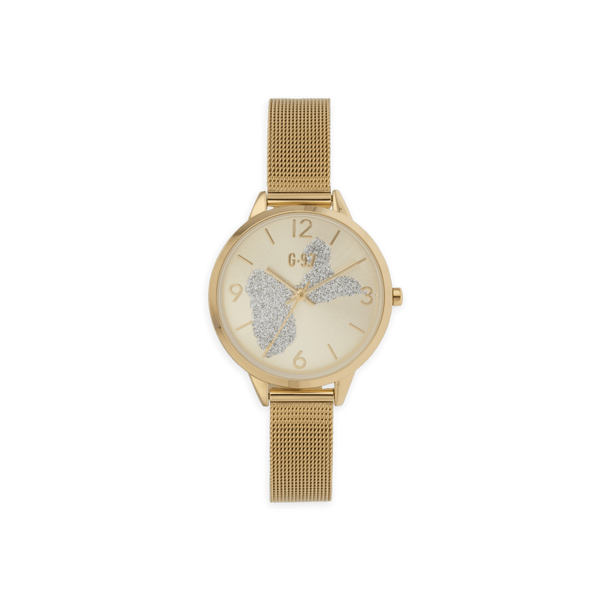 Montre Femme G97 34mm Cadran Doré Carte Guadeloupe Argenté Brac Mesh 12mm Doré 3atm