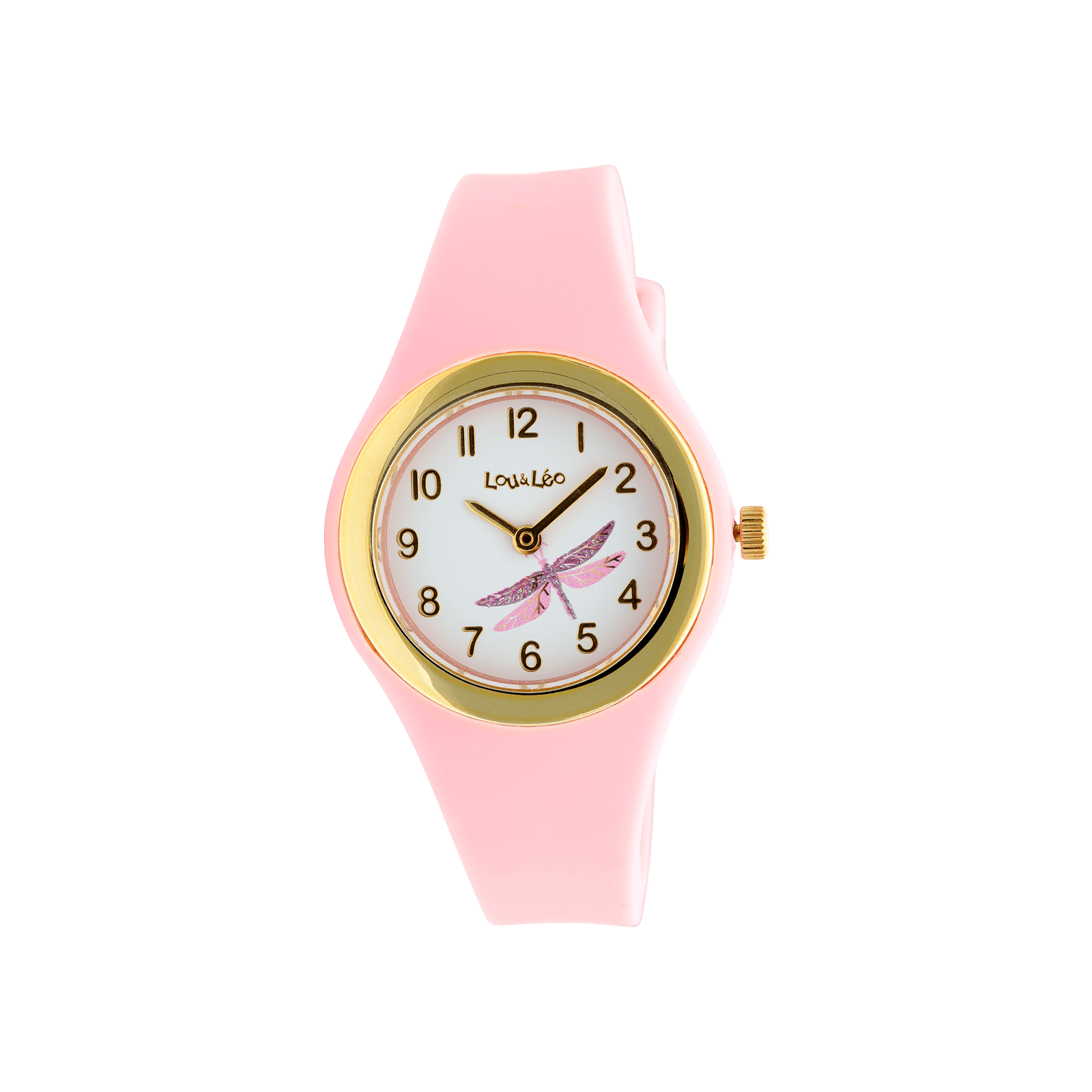 Montre Lou & Leo boîte dorée bracelet plastique rose et libellule paillettes 3 atmosphères